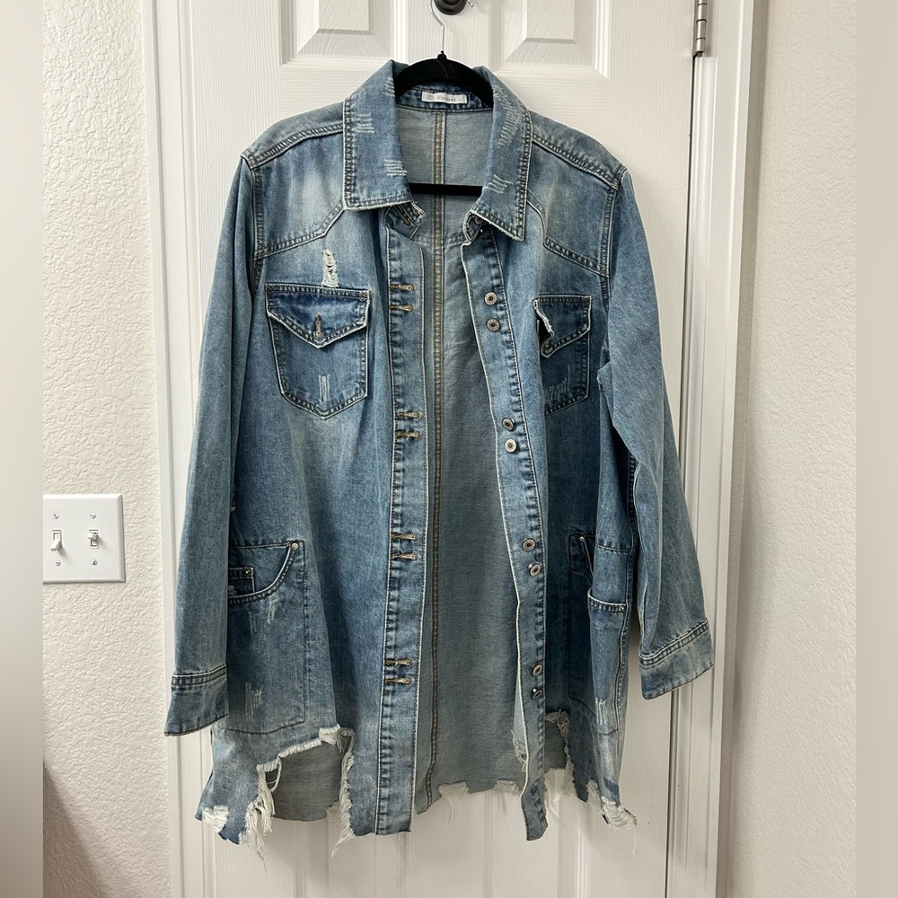 Long Distressed Denim Jacket